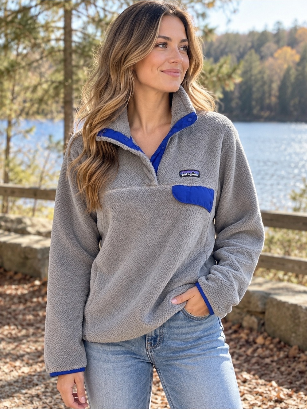 Patagonia Re-Tool Snap-T Fleece Pullover Womens L Gray Blue Polartec Outdoor